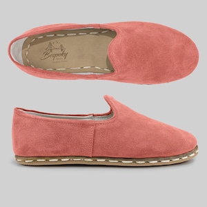 Suede Pink Yemeni Shoes, Women Handmade Comfortable Loafer with Zero Drop, Turkish Traditional Genuine Swear Shoes, Bespoky