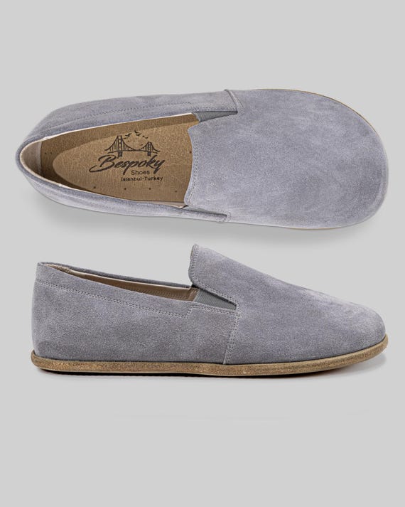 OUTLET 42EU Suade Gray Handmade Leather Barefoot Man Shoes, Wide