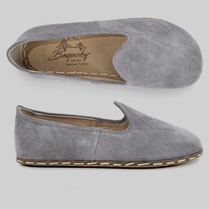 OUTLET 39EU Suede Gray Women Barefoot Shoes, Leather Sole Slip-on, Handmade Custom Made Wider Loafers, Wide toe Box Sneakers