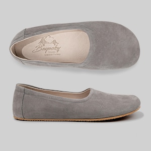 Handmade Gray Nubuck Loafers,Flat Ballet Barefoot Zero Drop Leather Ballerinas, Barefoot Shoe Women, Minimalistic Shoes
