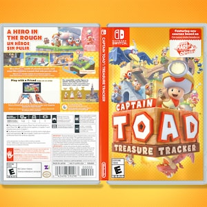 以下が含まれることがあります： キャプテン・トード: トレジャー・トラッカーのNintendo Switchゲームケース。ケースの前面には、ヘッドランプをつけた茶色の探検家の服装をしたキャプテン・トードが、宝箱を持っています。背景は、空を飛ぶ赤いドラゴンがいる黄色とオレンジ色の風景です。ゲームは全年齢対象（E）です。
