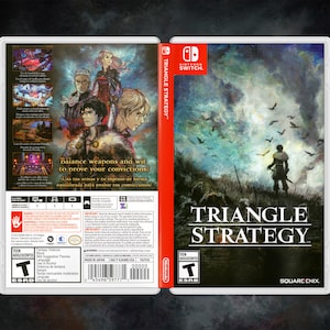 Puede incluir: Una caja de juego de Nintendo Switch para Triangle Strategy. La portada delantera presenta un paisaje oscuro y estilizado con una figura solitaria en primer plano. La portada trasera presenta un grupo de personajes del juego, junto con una descripción del juego y sus características. El juego está clasificado como T para adolescentes por la ESRB.