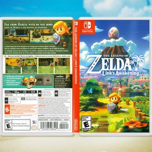 May include: The Legend of Zelda: Link's Awakening video game for the Nintendo Switch. The game cover features a green, blue, and brown landscape with a cartoon character in the foreground. The game title is in white text on a black background.