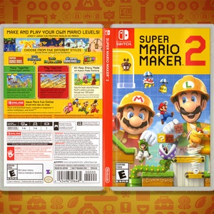 May include: A Nintendo Switch game case for Super Mario Maker 2. The front of the case features a yellow background with the game title in large, bold letters. The back of the case shows a variety of gameplay options, including the ability to create and play custom levels.