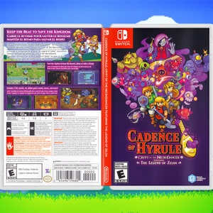 May include: A video game cartridge for the Nintendo Switch featuring a purple background with a colourful illustration of characters from the Legend of Zelda and Cadence of Hyrule. The text on the cartridge reads "Cadence of Hyrule: Crypt of the NecroDancer Featuring The Legend of Zelda".