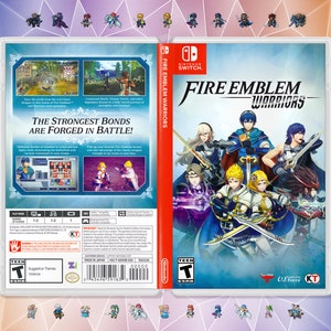 May include: A blue Nintendo Switch game case with a blue and white background. The front of the case features the text "Fire Emblem Warriors" in white and a group of characters from the game. The back of the case features a description of the game and a rating of "T" for Teen.