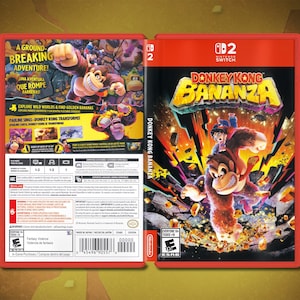 May include: A Nintendo Switch game case for "Donkey Kong Bananza." The cover features Donkey Kong and a character riding him, with a background of exploding rocks and the game's title. The case is red with the Nintendo Switch logo.