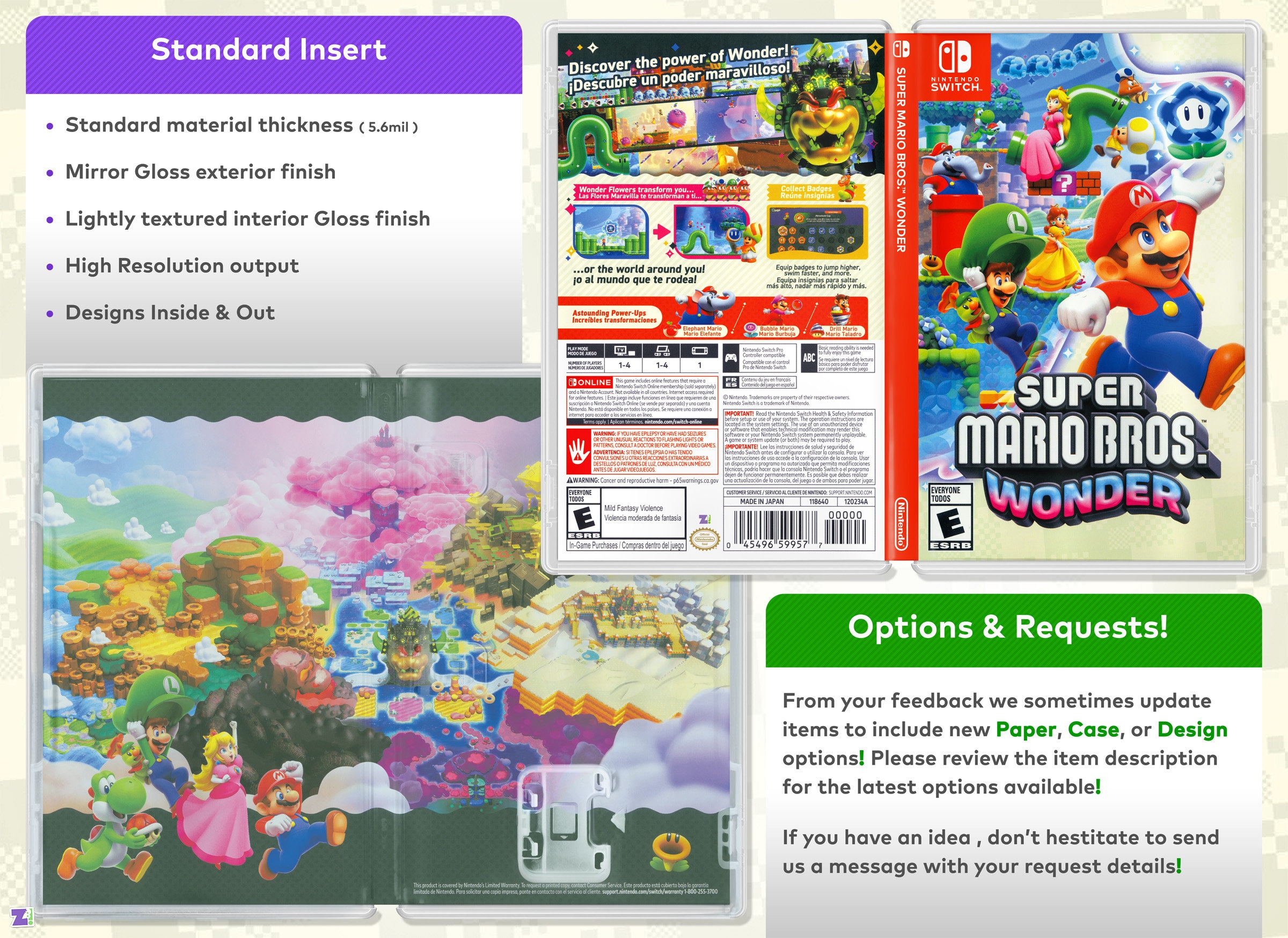 Super Mario Bros. Wonder Cover Art: Replacement Insert / Case for