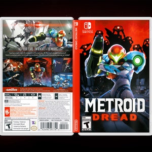 May include: A video game case for the Nintendo Switch featuring the game Metroid Dread. The front of the case shows a red and black background with a silhouette of a character holding a weapon. The back of the case shows a character in a blue and green suit holding a weapon. The text "METROID DREAD" is printed in white on a red background.