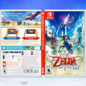 Puede incluir: Caja del videojuego The Legend of Zelda: Skyward Sword HD para Nintendo Switch. La parte frontal de la caja presenta un fondo azul y verde con los personajes de Link y Zelda. La parte posterior de la caja presenta una descripción del juego y sus características.