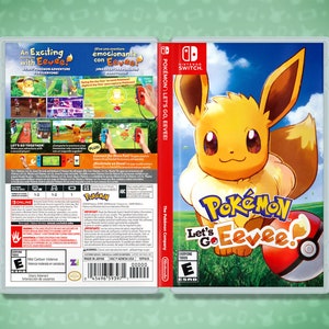 May include: A Nintendo Switch game case for Pokemon: Let's Go, Eevee! The front of the case features a cartoon Eevee with a yellow and brown fur colour scheme. The back of the case has a description of the game and a rating of E for Everyone.