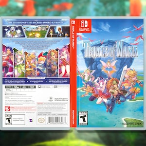 Könnte beinhalten: Ein Videospiel-Etui für die Nintendo Switch mit dem Spiel Trials of Mana. Das Etui ist rot und weiß mit einem blauen und grünen Bild der Spielfiguren auf der Vorderseite. Die Rückseite des Etuis enthält eine Beschreibung des Spiels und eine Altersfreigabe von T für Teenager.