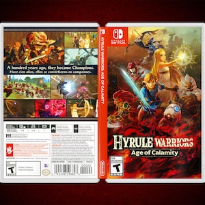 May include: Nintendo Switch game case for Hyrule Warriors: Age of Calamity. The front cover features Link, Zelda, and other characters from the game. The back cover has a description of the game and a rating of T for Teen.