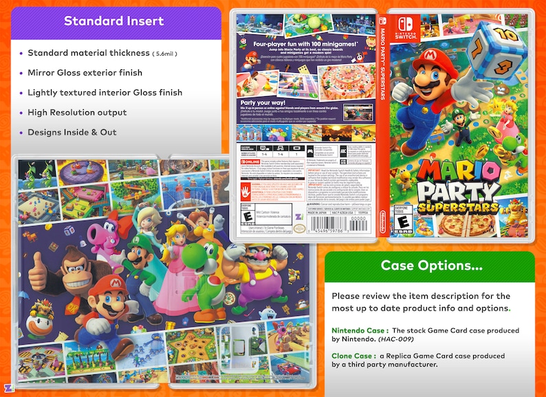 May include: A Nintendo Switch game case for Mario Party Superstars. The case features a colorful design with Mario and other characters from the game. The back of the case shows a description of the game and its features. The text on the case reads "Four-player fun with 100 minigames!" and "Party your way!"