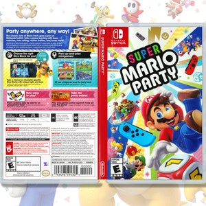 May include: A Nintendo Switch game case for Super Mario Party. The front of the case features a colorful design with Mario jumping in the air. The back of the case has a description of the game and its features.