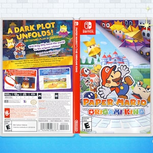 Könnte beinhalten: Eine Nintendo Switch-Spielebox für Paper Mario: The Origami King. Die Vorderseite der Box zeigt eine farbenfrohe Illustration von Mario, Luigi und anderen Charakteren aus dem Spiel. Die Rückseite der Box enthält eine Beschreibung des Spiels und eine Einstufung von E für Jedermann.