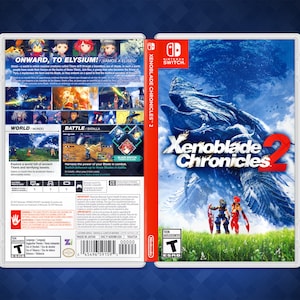 May include: A video game case for the Nintendo Switch featuring the game Xenoblade Chronicles 2. The case is white with a blue background and features a large image of a giant, blue, winged creature. The game title is in large, red letters. The ESRB rating of T for Teen is visible in the lower right corner.