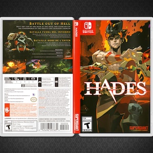 Könnte beinhalten: Ein Videospiel-Etui für die Nintendo Switch mit dem Spiel Hades. Die Vorderseite des Etuis zeigt ein stilisiertes Bild eines Charakters, der ein Schwert hält. Die Rückseite des Etuis enthält eine Beschreibung des Spiels in Englisch, Spanisch und Französisch. Das Spiel ist für Jugendliche freigegeben (T).