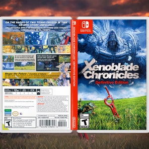 以下が含まれることがあります： ニンテンドースイッチ用のゲームケースで、ゲーム「ゼノブレイド クロニクルズ ディフィニティブエディション」が収録されています。ケースは青と白の背景に、巨大なロボットの画像が大きく描かれています。ゲームタイトルはケースの前面に大きな白い文字で書かれています。