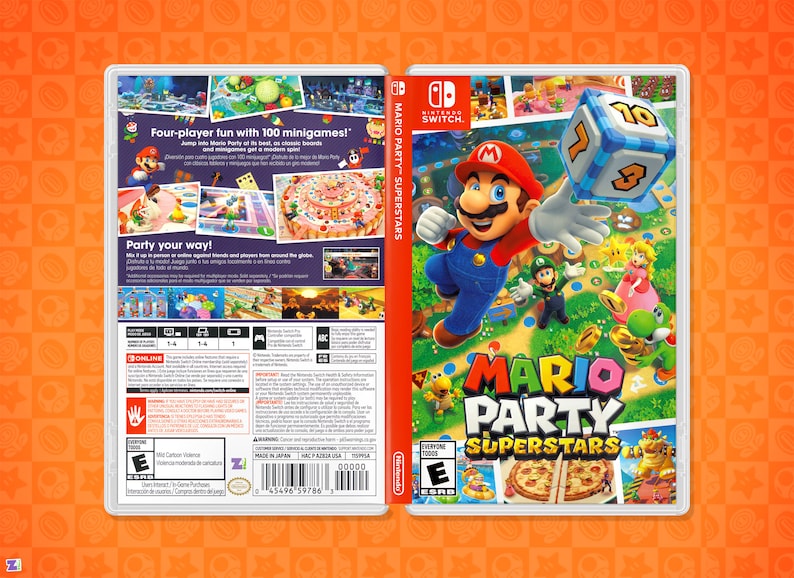 May include: A Nintendo Switch game case for Mario Party Superstars. The front of the case features Mario, Luigi, Peach, and Yoshi on a colorful game board. The back of the case shows a variety of minigames and features the text "Four-player fun with 100 minigames!" and "Party your way!"