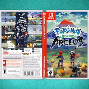 May include: A Nintendo Switch game case for Pokémon Legends: Arceus. The front of the case features a mountain range with a red volcano in the background. Two characters are standing in the foreground, one wearing a red hat and the other wearing a blue hat. The game title is written in white letters on a black background. The back of the case features a variety of screenshots from the game, along with a description of the game and its features.