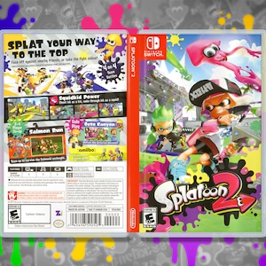 May include: A Nintendo Switch game case for Splatoon 2. The front of the case features a pink and green inkling character holding a weapon. The back of the case shows the game's title, a description of the game, and a rating of E for Everyone. The case is made of plastic and has a clear plastic cover.