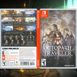 May include: A video game case for the Nintendo Switch featuring the game Octopath Traveler. The front of the case shows a group of eight characters standing in front of a map. The back of the case shows the game's logo, a description of the game, and a list of features. The case is made of clear plastic and has a black border.