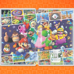 May include: A colorful Nintendo Switch game case featuring Mario, Luigi, Peach, Donkey Kong, Yoshi, Wario, and other characters from the Super Mario franchise. The case is decorated with images from various Super Mario games.