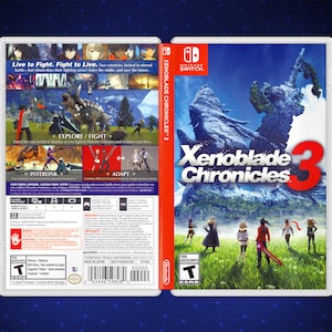 May include: A video game case for the Nintendo Switch featuring the game Xenoblade Chronicles 3. The case is white with a blue and white Nintendo Switch logo. The front of the case features a colorful image of the game's characters standing in a grassy field with a large, rocky mountain in the background. The game's title is printed in red and white letters on the front of the case.