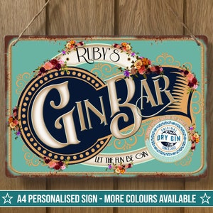 Personalised Gin Bar Sign Metal Wall Door Floral Vintage Retro Home Pub Outside Plaque, Fathers Day Mothers  Birthday Gift Christmas Summer