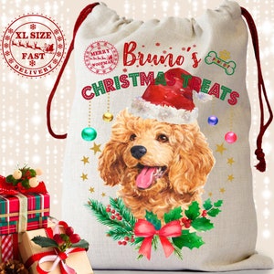 Personalised Christmas Dog Poodle Sack Santa Pet Treat Gift Name Monogrammed Xmas Keepsake Present Bag Custom Unique Stocking