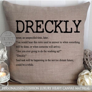 Personalised Luxury Beige Canvas Cushion Cornish Cornwall St Ives 'Dreckly' Phrase Gift Unique High Quality Handmade Southern Noun Present