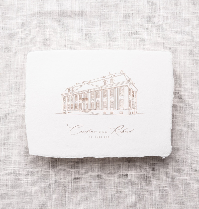 May include: A line drawing of a building with the text "Caroline und Richard 11. Juli 2021" below it.