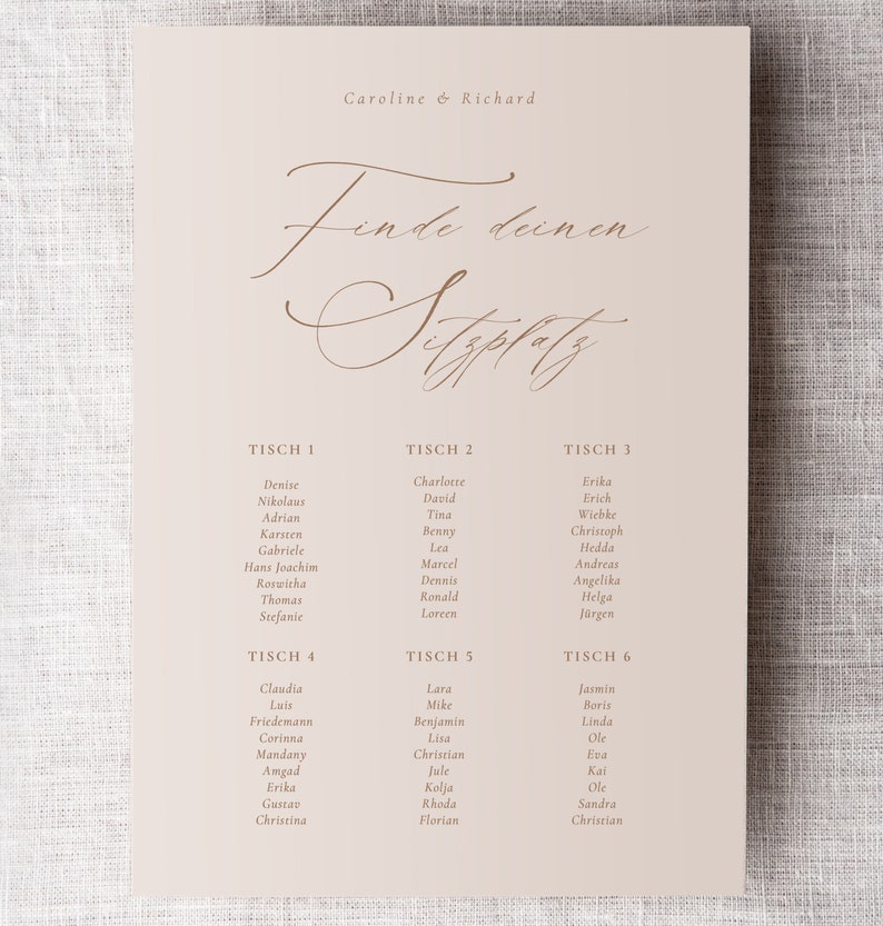 May include: A seating chart for a wedding reception with the text "Finde deinen Sitzplatz" (Find your seat) in cursive script. The chart lists tables numbered 1 through 6 with the names of guests assigned to each table.