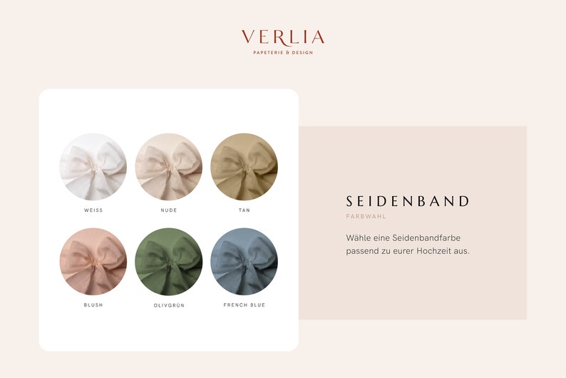 Seidenbänder in verschiedenen Farben: Weiß, Nude, Tan, Blush, Olivgrün, French Blue (Blau)