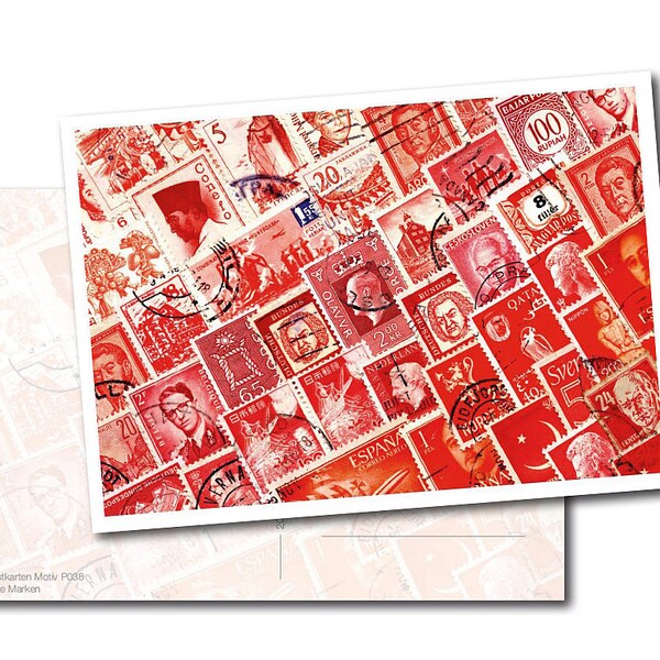 Postkarte: Rote Briefmarkencollage