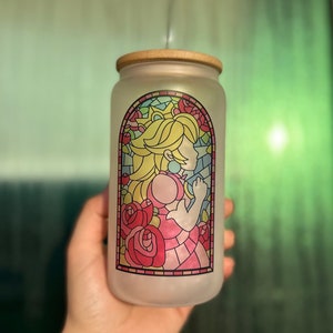 Princess Video Game Iced Coffee Glass w/Lid & Straw, Super Star Yoshi spring Cup 90's Princess video game gifts Nostalgia Cartoon gift ideas