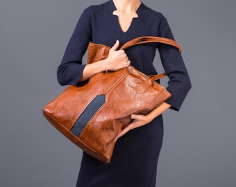 Bolsa grande de couro sintético castanho marrom com tecido azul marinho, sacola de compras, bolsa feminina, bolsa de ombro com zíper, bolsa vegana, bolsa escolar