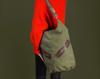 Saco extra grande de camurça ecológica verde e couro sintético marrom escuro, bolsa escolar, bolsa de fim de semana, bolsa de ombro grande, bolsa feminina crossbody