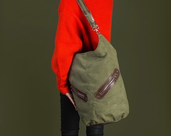 Sac, grand sac de daim vert éco et simili cuir brun foncé, sac d’école, sac week-end, oversize sac à bandoulière, sac bandoulière femme