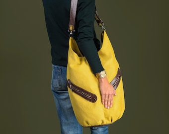 Très grand sac d’école sac de tissu jaune et simili cuir brun foncé, sac week-end, oversize sac à bandoulière, sac à main bandoulière femme