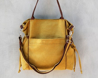 Large shoulder bag of yellow fabric and brown faux leather, bag with a long detachable strap,school bag, women's handbag, city bag, work bag