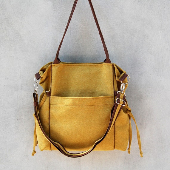Large shoulder bag of yellow fabric and brown faux leather, bag with a long detachable strap,school bag, women's handbag, city bag, work bag