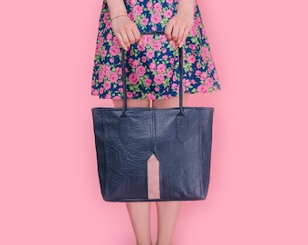 Medium size navy blue faux leather bag with light pink fabric, shopping bag, women's bag, shoulder bag with zipper, vegan bag, school bag