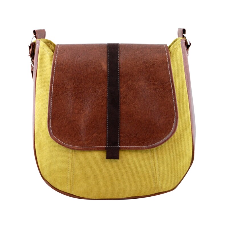 Medium-sized women's shoulder bag with a flap of yellow and dark brown eco suede and brown faux leather with a long adjustable strap zdjęcie 4