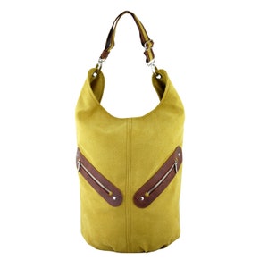 Très grand sac décole sac de tissu jaune et simili cuir brun foncé, sac week-end, oversize sac à bandoulière, sac à main bandoulière femme image 3