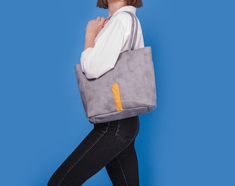 Borsa in finta pelle grigio di medie dimensioni con tessuto giallo, borsa della spesa, borsa da donna, borsa a tracolla con cerniera, borsa vegana, borsa da scuola