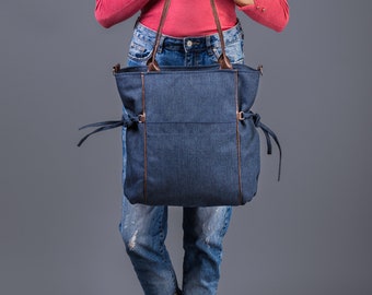 Grand sac shopping de tissu bleu marine et simili cuir marron avec une longue sangle amovible, l’école sac à bandoulière, sac à main pour femmes