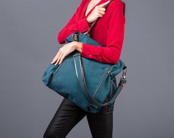 Grand sac shopping de tissu tissé turquoise et simili cuir marron avec une longue sangle amovible, l’école sac à bandoulière, sac à main pour femmes