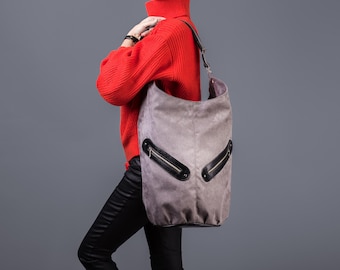 Grande borsa a tracolla di pelle scamosciata grigio eco e nero ecopelle, sacchetto di scuola, sacco Borsa week-end, oversize borsa a tracolla, borsa a tracolla donna